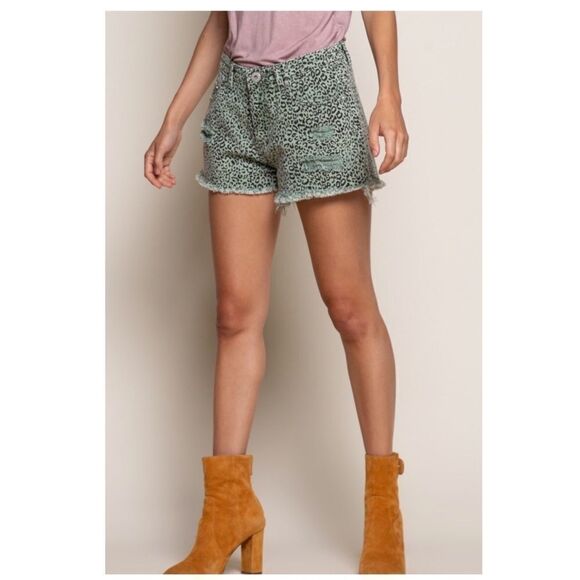 pol Leopard Distressed Denim Shorts In Olive - Picture 4 of 11